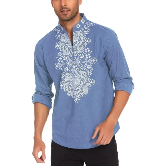 Men's Blue Shirt Long Sleeve Floral Print Casual Cotton Beach Hippie T Shirt - Picture 1 of 7